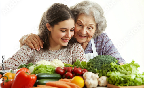 A young woman hugs her mother in the kitchen, surrounded by vegetables and fruits on the table as they cook together photo