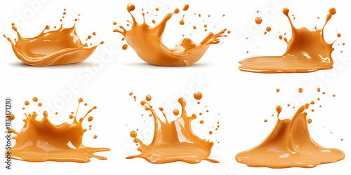 Dynamic Caramel Liquid Splashes, A Collection of  High-Resolution Images Showing Caramel in Motion Against a White Background