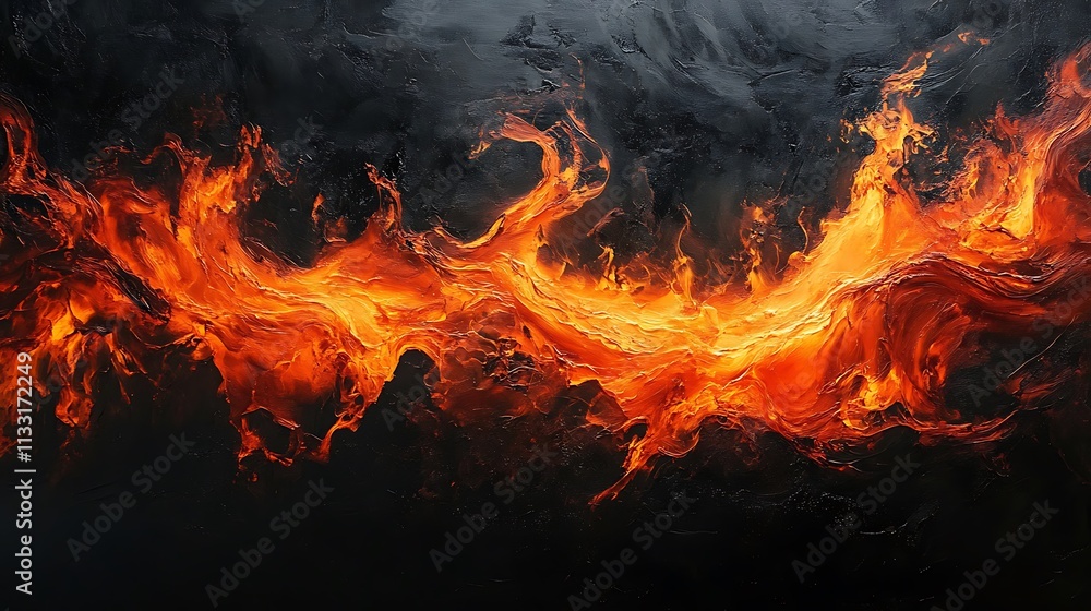 Fototapeta premium Fiery flames on a black background a horizontal wave