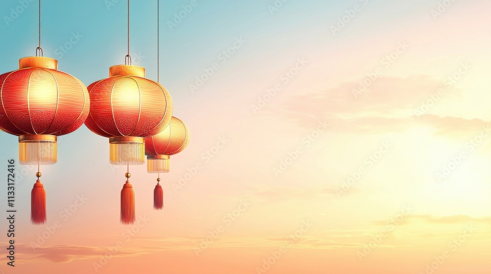 Obraz premium Vibrant Red Lanterns Hanging Against a Beautiful Sunset Sky with Soft Clouds and Warm Colors for Celebrations