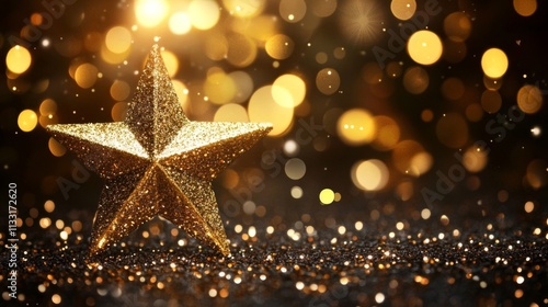 A Glittering Gold Star on a Bed of Sequins with a Blurred Bokeh Background