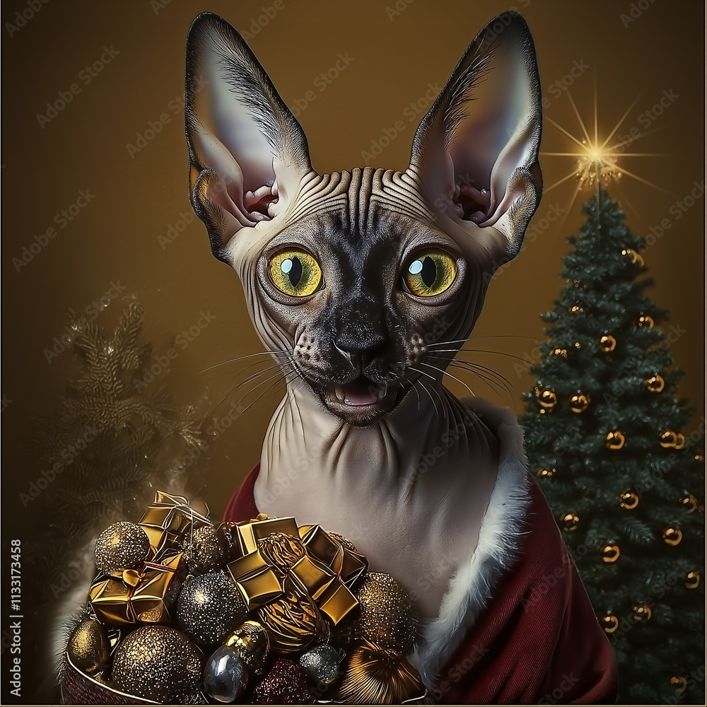 Photo: A realistic portrait of the cat in the world as Santa Claus, wearing a Santa hat and a red Santa coat, full body ,to his left is a big sack with lots of presents, in the background a Christmas
