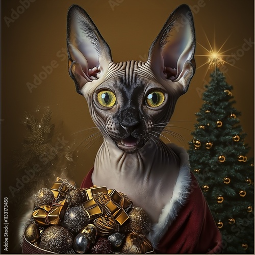 
Photo: A realistic portrait of the cat in the world as Santa Claus, wearing a Santa hat and a red Santa coat, full body ,to his left is a big sack with lots of presents, in the background a Christmas
