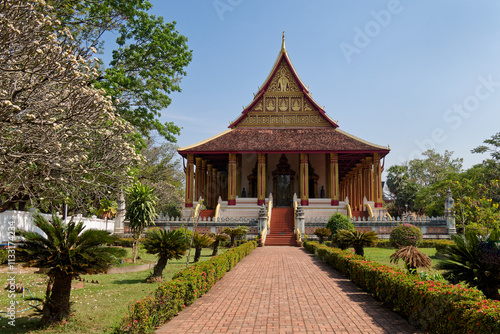 Haw Phra Kaew or Hor Pha Keo museum in Vientiane, the capital of Laos which is surrounded by a garden with a brick walkway