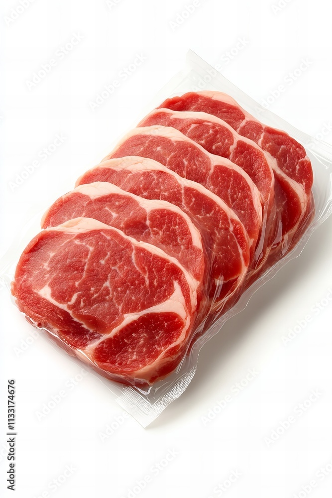Fototapeta premium Freshly sliced ribeye steaks in vacuum-sealed packaging, showcasing vibrant marbling and rich red color.