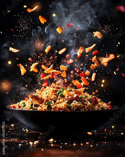 Panamanian arroz con pollo, Panama City s skyline glowing with New Year celebrations photo