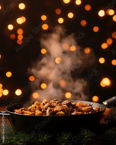 Polish bigos stew, Krakow s market squares glowing with festive New Year lanterns photo