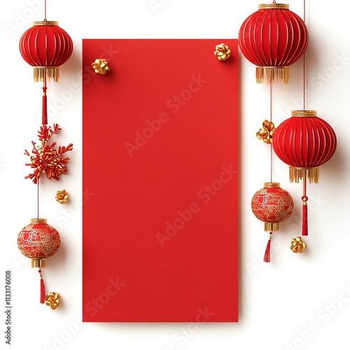 A vibrant display of Chinese lanterns and decorations surrounding a blank red backdrop, perfect for festive celebrations and invitations.