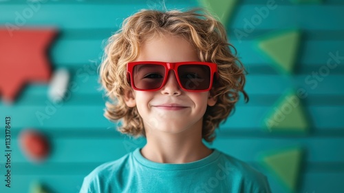 A curly-haired boy wearing red sunglasses smiles warmly at the camera in front of a geometric-patterned green wall, exuding curiosity and joy. photo