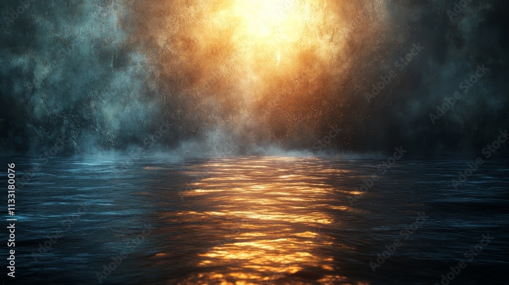 A dark blue ocean with a bright orange sun in the sky A dark blue ocean with a bright orange sun in the sky