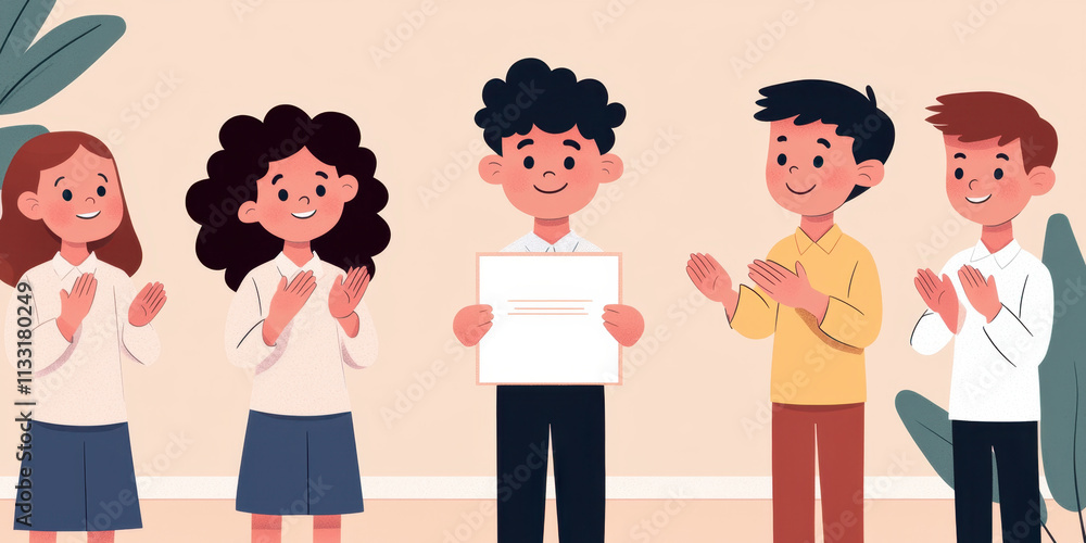 Fototapeta premium teacher awarding student with certificate, surrounded by classmates celebrating. atmosphere is joyful and encouraging, highlighting academic achievement