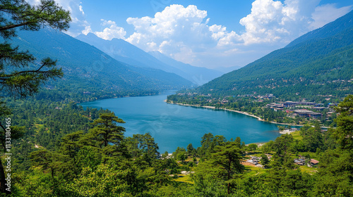 river flowing serenely between majestic mountains symbolizes the journey of life, the passage of time, and nature's harmony, with the contrasting elements of calm water and rugged peaks evoking balanc photo