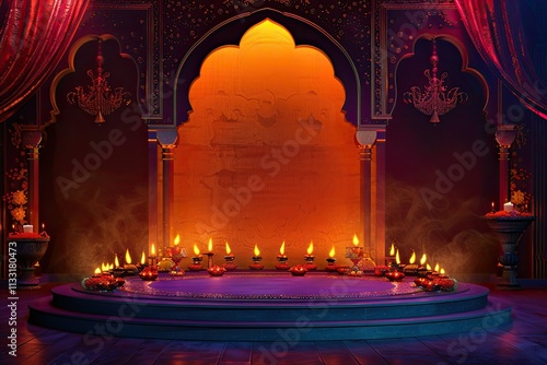 Detailed Color Picture of Empty Round Podium Stage Scene with Indian Diwali Festival