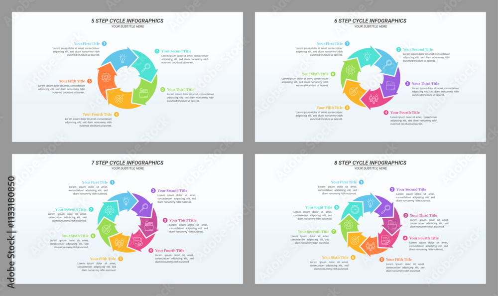 Fototapeta premium Set of Cycle Infographic from 5 up to 8 Steps with Editable Text on a 16:9 Layout for Business Presentation, Poster, Banner and Booklet.