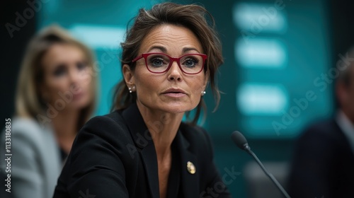 An engaged woman in red glasses speaks assertively during a professional meeting. Her mature demeanor and poised expression signify leadership and clarity. photo