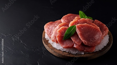 Fresh slices of red meat garnished with green leaves on a wooden platter. photo