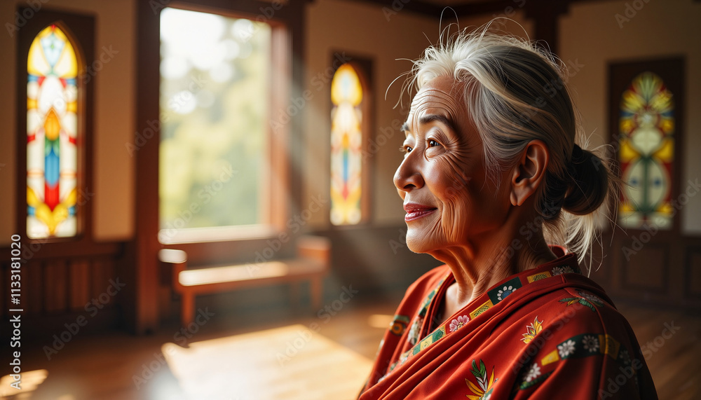Obraz premium Joyful expression of an elderly woman in a traditional setting surrounded by warm light in a tranquil space filled with stained glass
