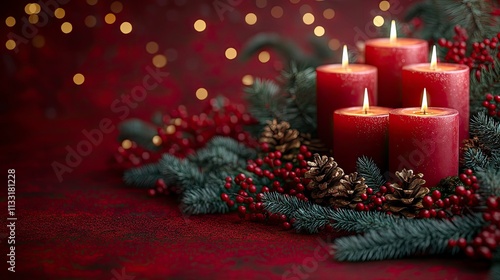 Dark christmas candles in burgundy red setting