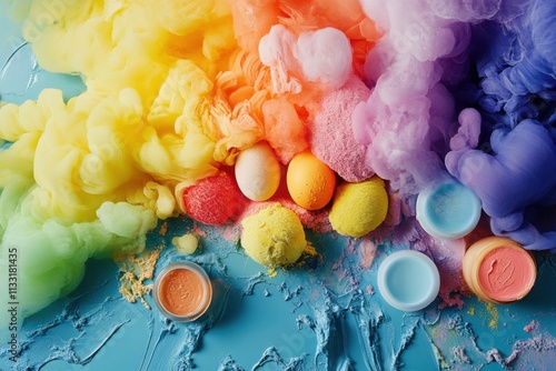 Colorful paint swirls with eggs and cosmetic containers photo