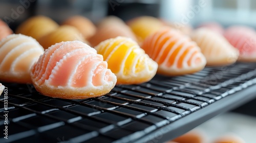 A selection of pastel-colored pastries arranged on a cooling rack in a bakery. The confections are displayed in an appetizing and neatly organized manner. photo