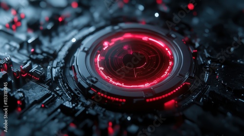 A sophisticated digital artwork depicting a futuristic tech circle with a glowing red center, resembling a high-tech interface or gadgetry inspired design. photo