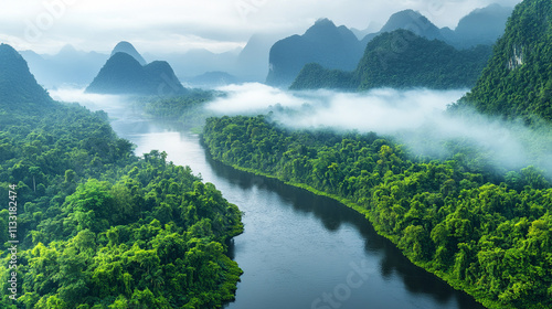 river flowing serenely between majestic mountains symbolizes the journey of life, the passage of time, and nature's harmony, with the contrasting elements of calm water and rugged peaks evoking balanc photo