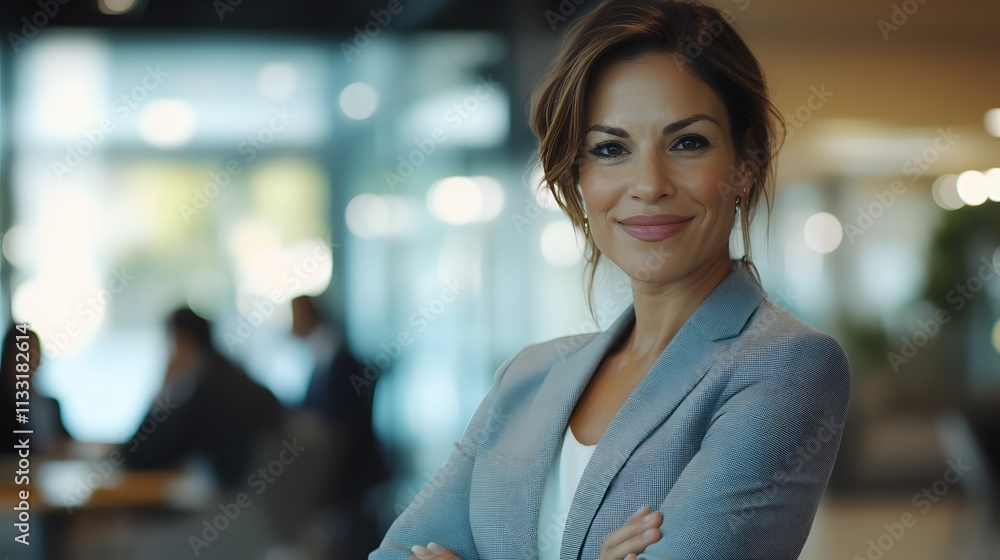 Naklejka premium Confident Businesswoman Smiling in Modern Office Setting