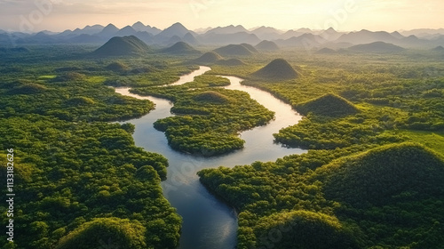 river flowing serenely between majestic mountains symbolizes the journey of life, the passage of time, and nature's harmony, with the contrasting elements of calm water and rugged peaks evoking balanc photo