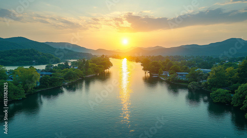 river flowing serenely between majestic mountains symbolizes the journey of life, the passage of time, and nature's harmony, with the contrasting elements of calm water and rugged peaks evoking balanc photo