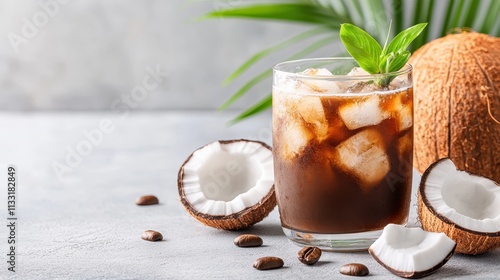 Chilled glass of iced coffee with coconut pieces and coffee beans set against a warm tropical setting, invoking a sense of energizing summer relaxation. photo