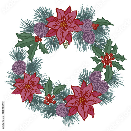 Christmas wreath of spruce, pine cones, poinsettia, holly and red berries. Vector illustration