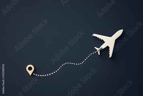 Airplane with a dotted flight path and location pin on a dark background, symbolizing travel, journey, aviation, and exploration, perfect for travel-related concepts photo