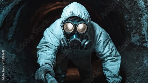 A person clad in a protective suit and gas mask crawls through a dim, foreboding tunnel, evoking a sense of mystery and exploration in shadowy depths. photo