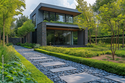 Photographie immobilière d'un jardin minimaliste contemporain avec chemin en pierre et haies soigneusement taillées photo