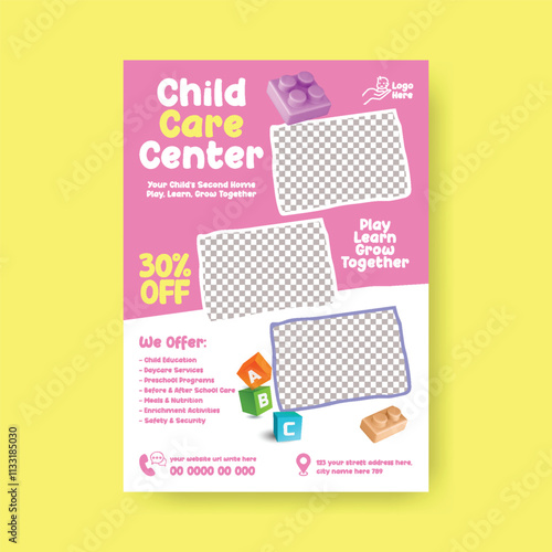 Childcare center, daycare center, babysitter services, preschool, kindergarten, nursery, kids school editable print flyer or poster template design, 
suitable for Nanny Services leaflet brochure cover