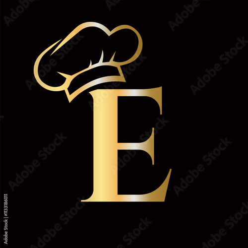 Letter E Chef Logo Concept For Restaurant Sigh Vector Template