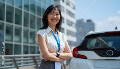 Free Download A smiling Asian woman in a white shirt and gray skirt stands in front of a modern building with a car - GFXLoad