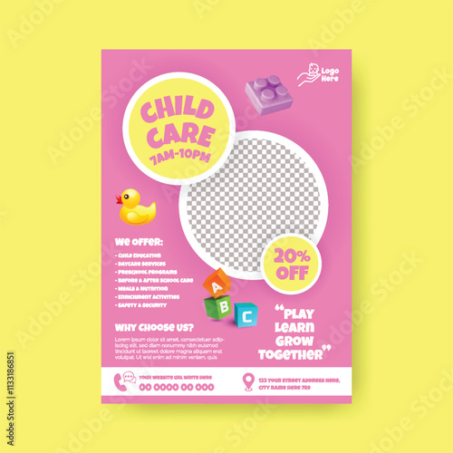Childcare center and daycare editable print flyer or poster template, Babysitter or Nanny Services vertical flyer, poster, leaflet, brochure cover design 