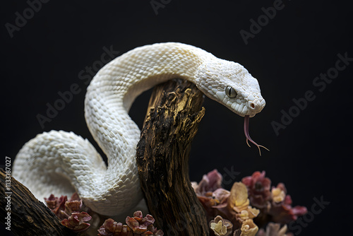 White snake curled on a branch, displaying textured scales and tongue flicking, set against a dark background, symbolizing elegance, mystery, and exotic wildlife photo