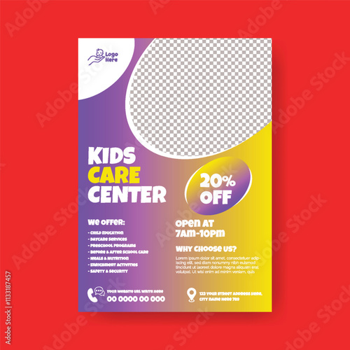 Childcare center and daycare editable print flyer or poster template, Babysitter or Nanny Services vertical flyer, poster, leaflet, brochure cover design 