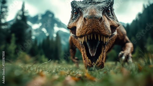 The fearsome Tyrannosaurus Rex roars mightily in a vibrant prehistoric forest, showcasing the fierce majesty and power of the dinosaur era's top predator. photo