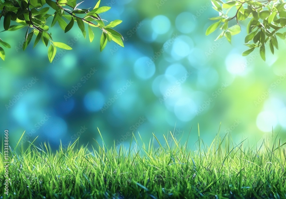 Obraz premium Fresh Green Grass Bed Under Bright Soft Blue Bokeh Background with Sunlight Filtering Through Lush Leaves Creating a Serene Nature Scene for Relaxation and Calmness