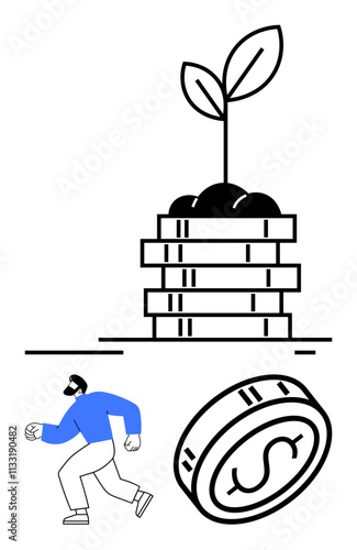 Plant growing on coin stack, man holding a coin, dollar symbol coin. Ideal for financial growth, investment, savings, banking, wealth management economic concepts sustainability. Line metaphor