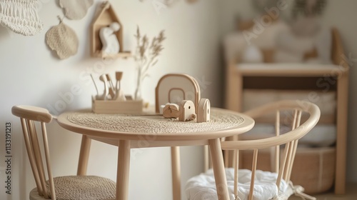 Cozy wooden table and chairs set in a warm, inviting room. photo