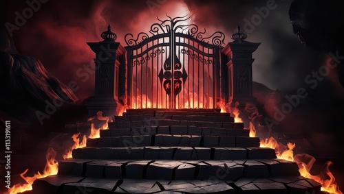 The path to hell is blazing hot, with a terrifying red smoke in the background.