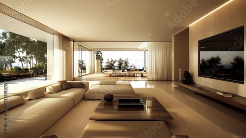 Modern interior living room with natural light and minimalist design.