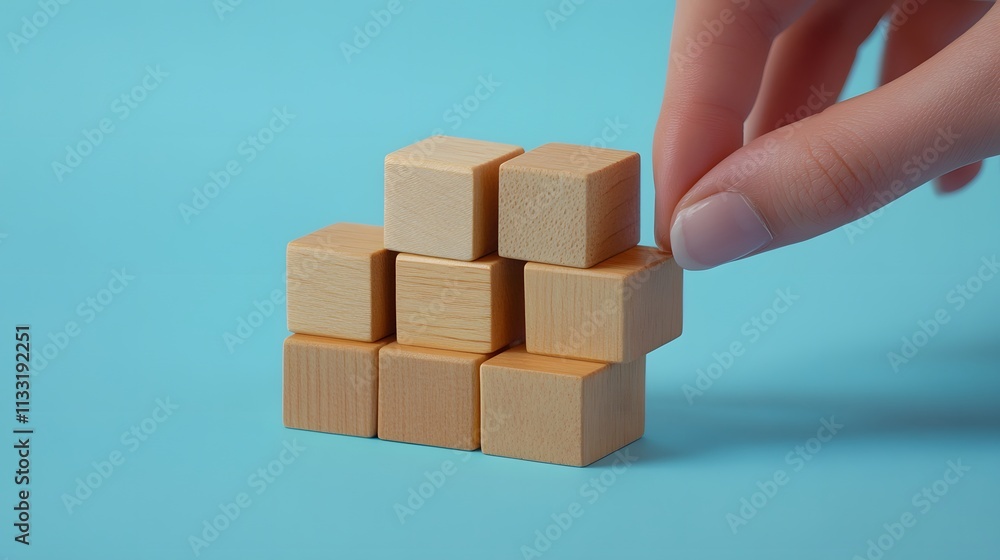 Obraz premium Hand placing wooden blocks building a structure
