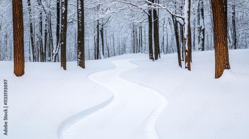 Fototapeta premium Mindful living serenity positivity concept. Winter landscape with snow-covered trees and a winding path.