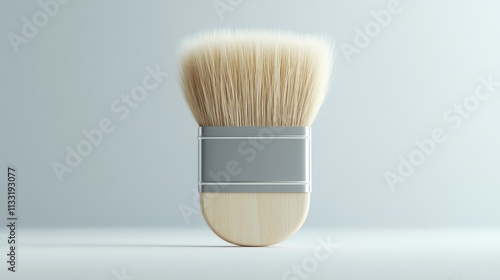 Close-up of a clean, new, light-colored, soft-bristled brush with a gray ferrule and wooden handle against a white background. photo