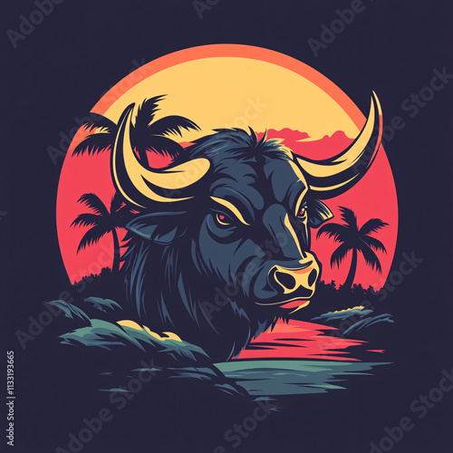 A bull rush on an island as a team logo  photo